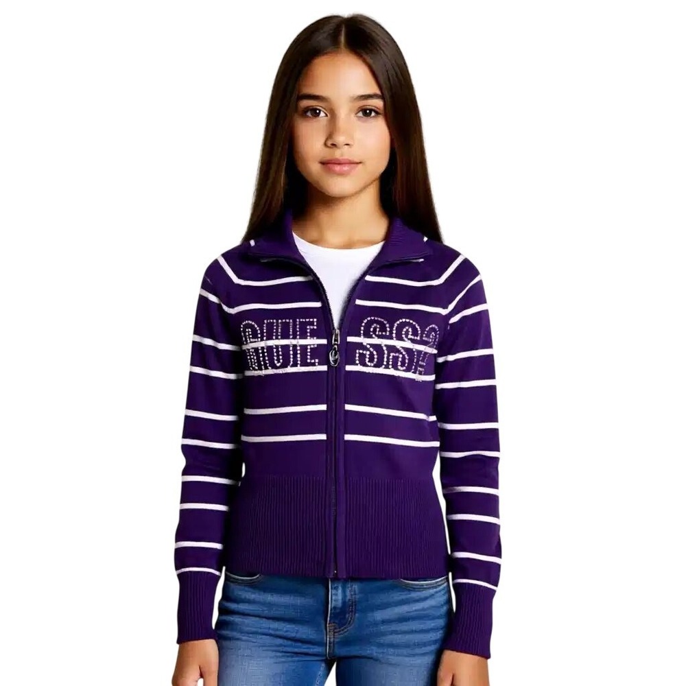 Guess Girls Purple White Striped Rhinestone Logo Full Zip‎ Sweater L (12/14)NWT